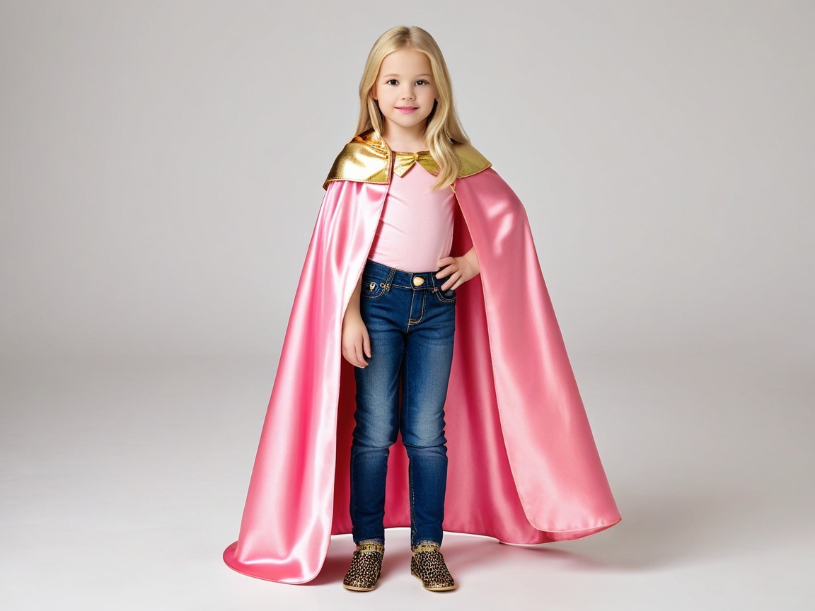 Young girl in pink shirt and stylish cape outfit