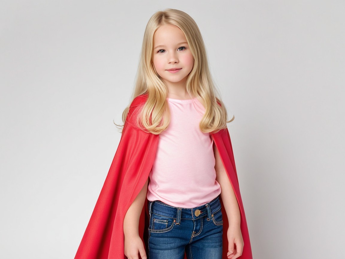 Young girl in pink top, blue jeans, and red cape