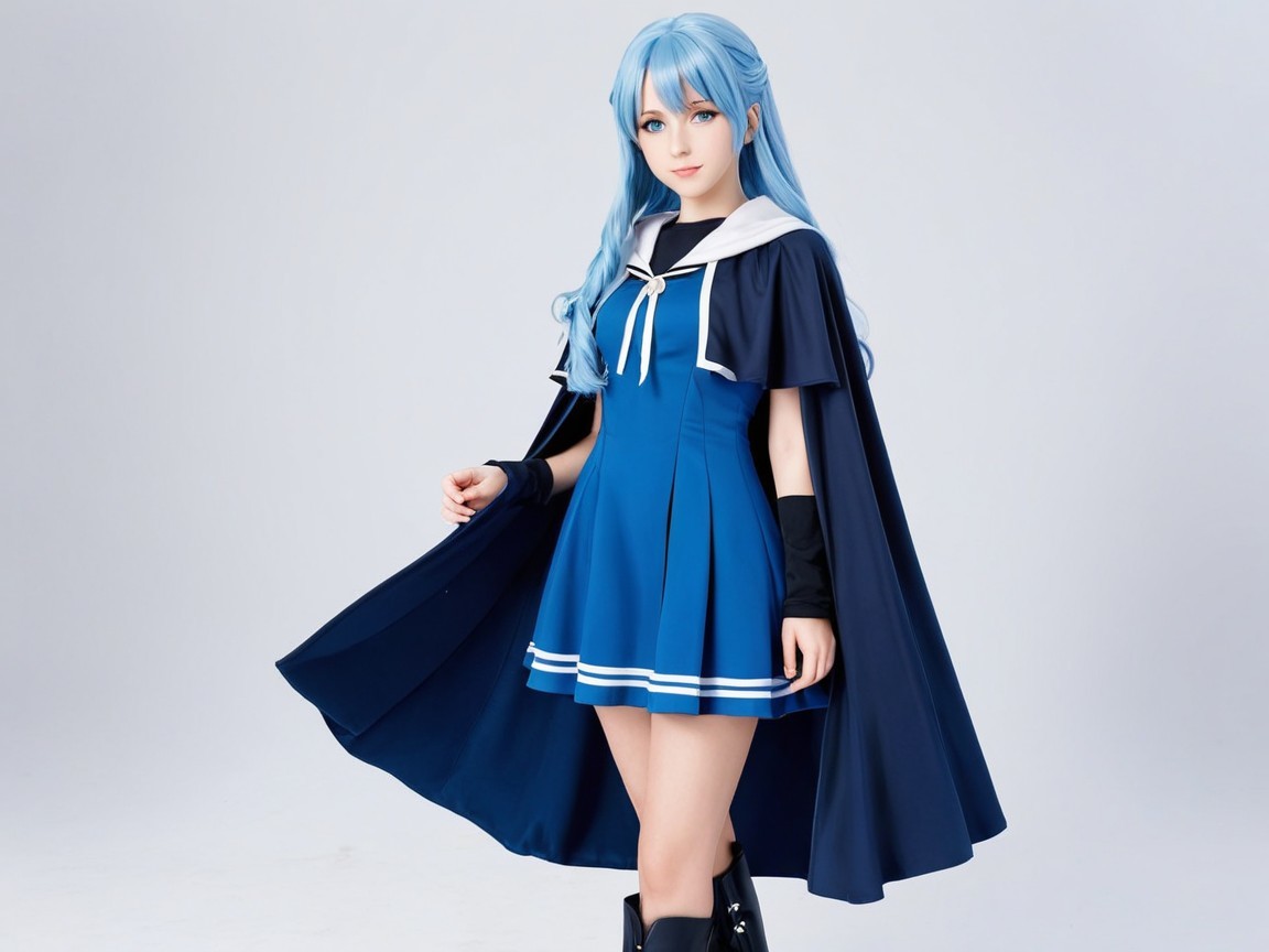 Character in Blue Outfit with Flowing Cape and Boots