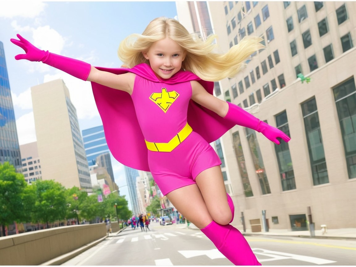 Young girl in pink superhero costume poses in city street