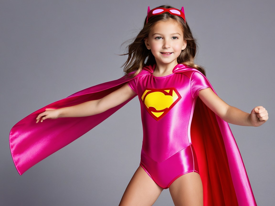 Young girl in vibrant pink superhero outfit with cape