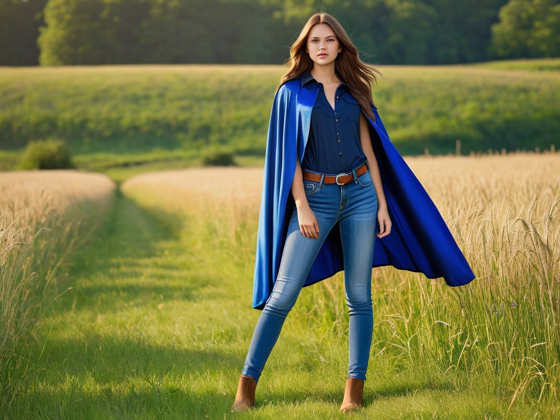 Model in Blue Cape in Lush Green Field Setting