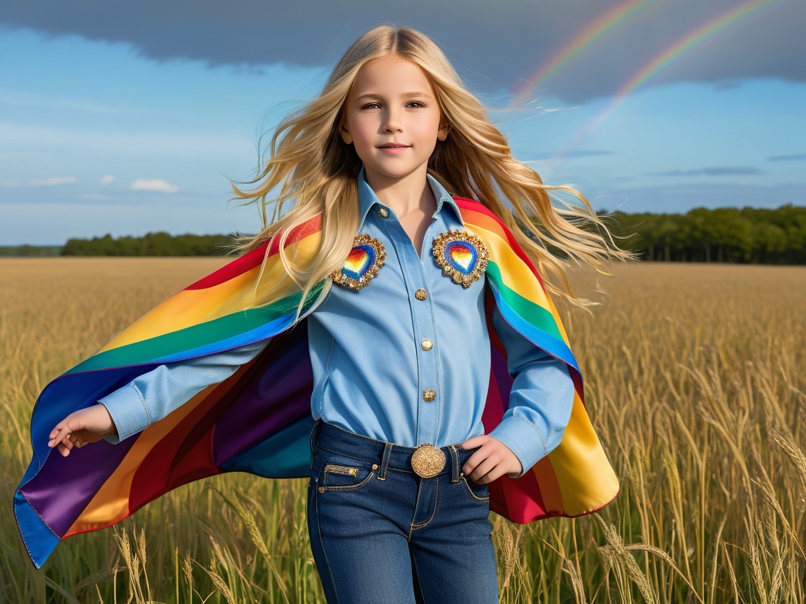 Young girl in a golden field with rainbow elements