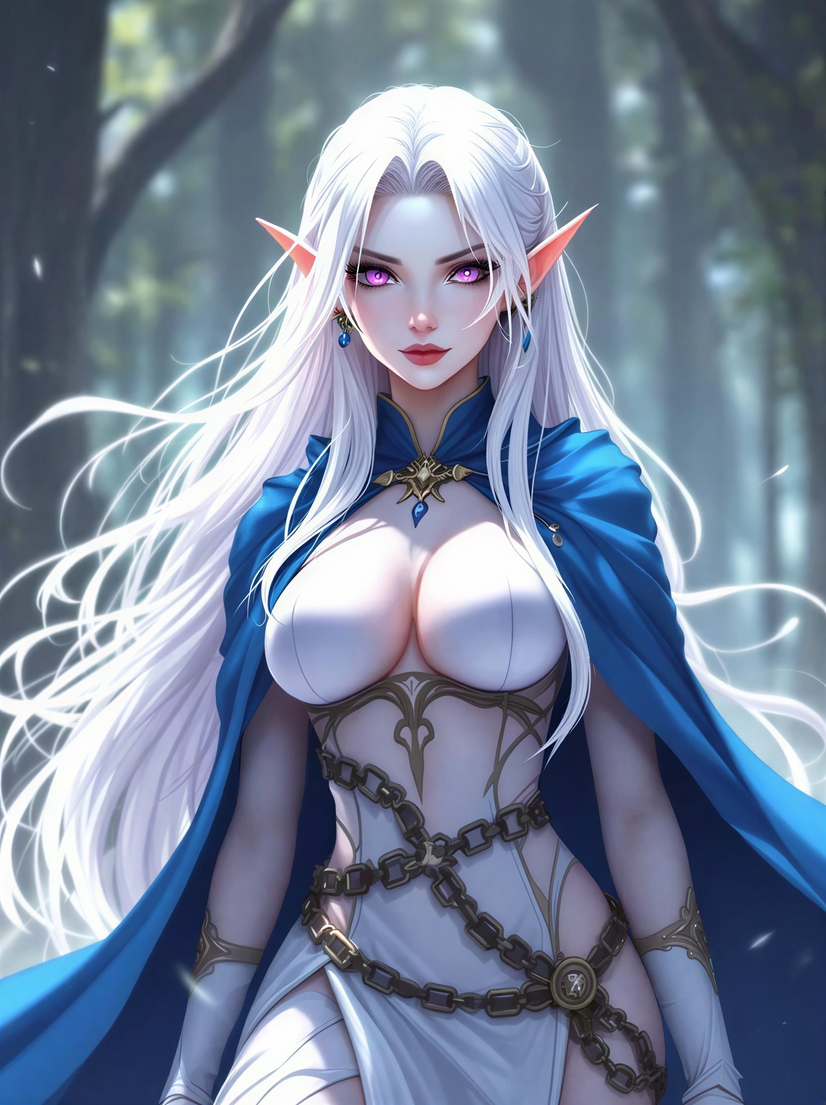 White-haired elf in a blue cape in a forest setting