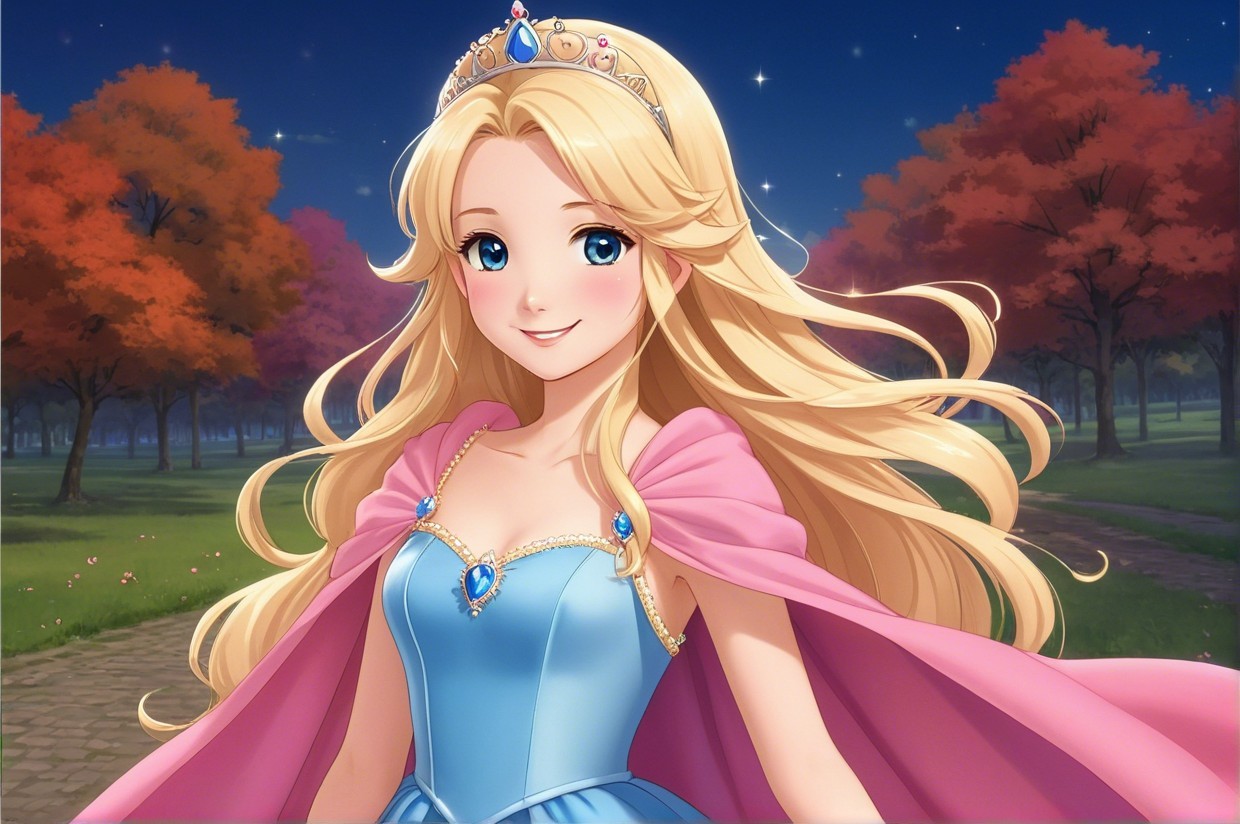 Charming Princess in Blue Gown in Twilight Park