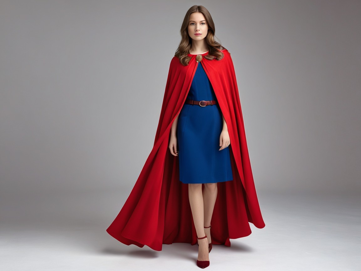 Stylish Woman in Red Cape and Blue Dress Outfit