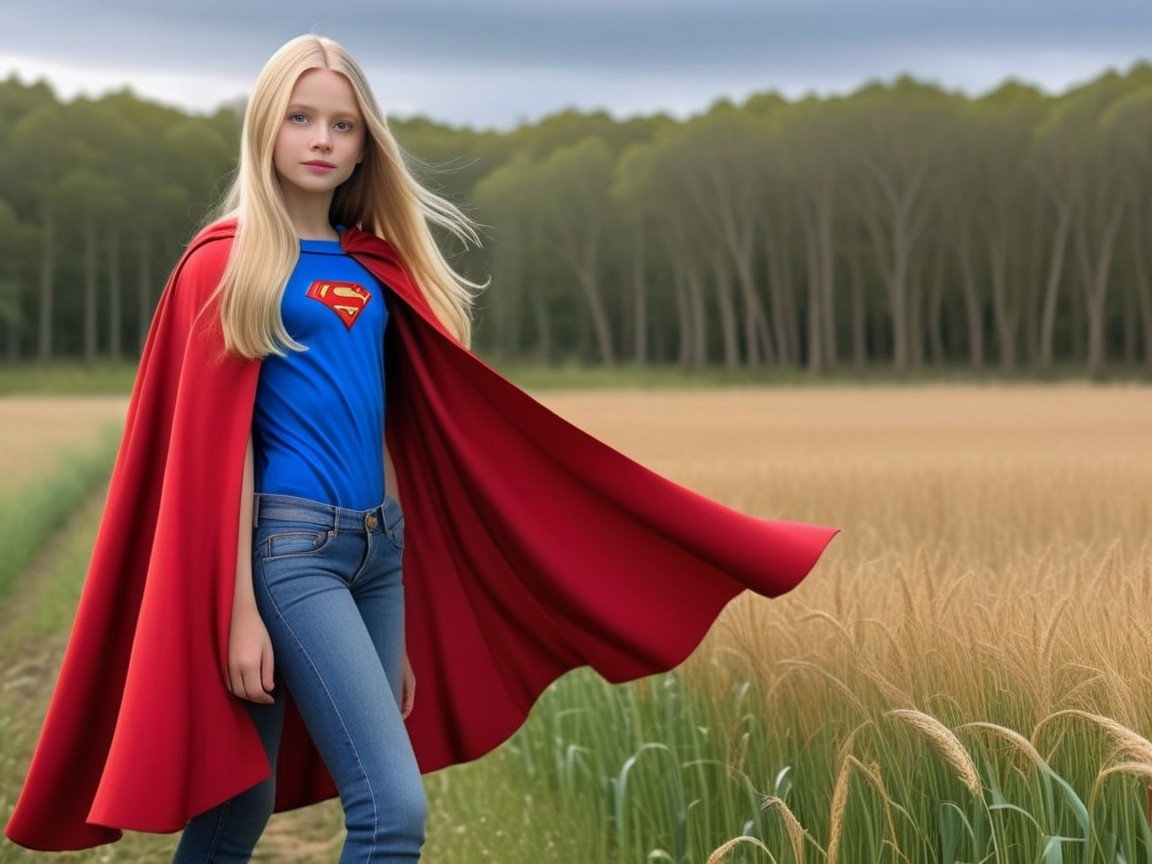 Young girl in superhero costume in wheat field