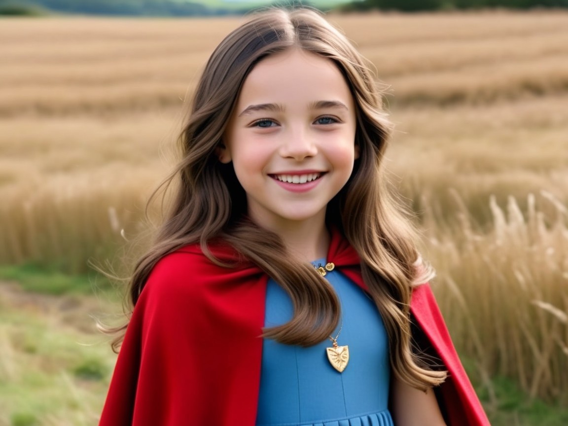 Young girl in golden field with vibrant red cape