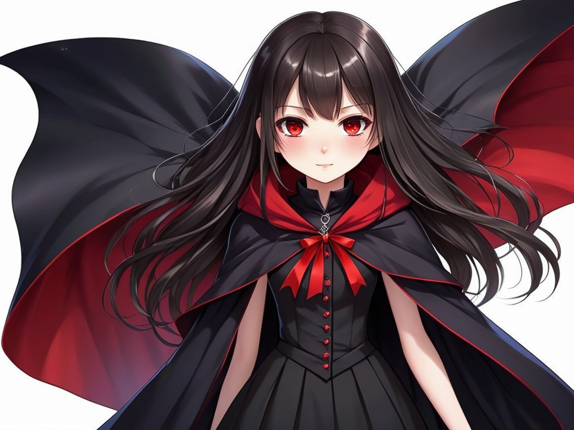 Gothic Character in Black Dress and Dramatic Cape
