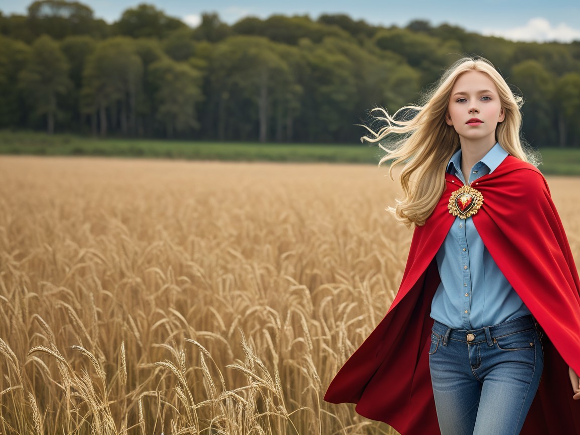 Young woman in red cape walks through wheat field