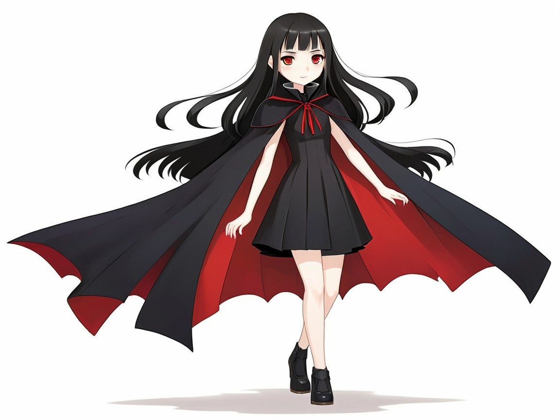 Mysterious Girl in Black and Red Outfit with Cape