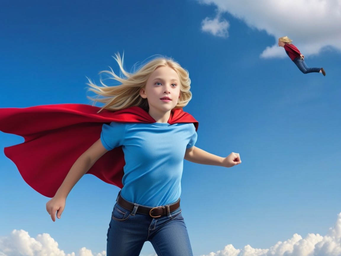 Young girl in blue shirt with red cape in sky