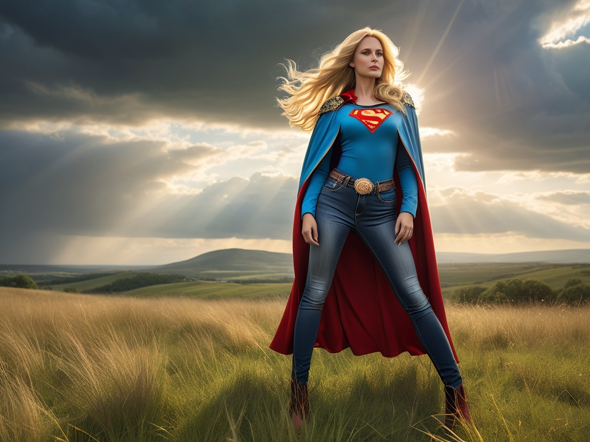 Modern superhero in sunlit landscape with cape and emblem