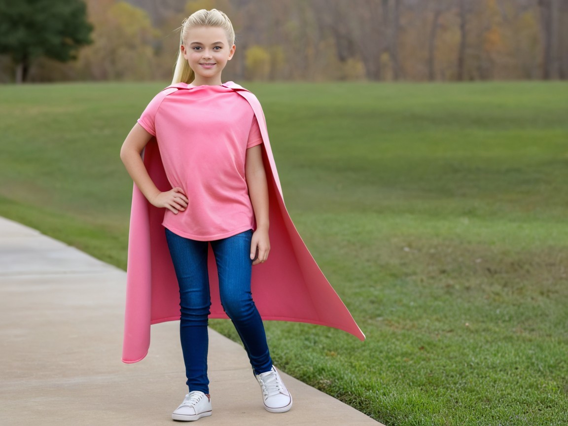 Young girl in pink t-shirt with superhero cape outdoors