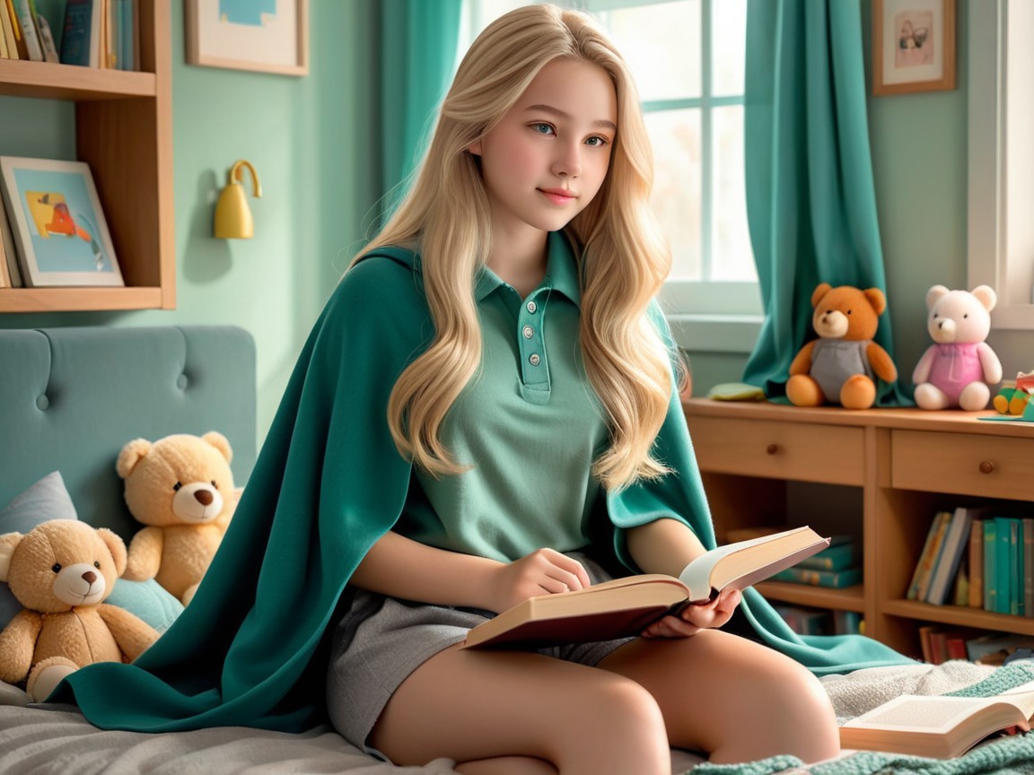 Young girl reading on bed with teal blanket and decor
