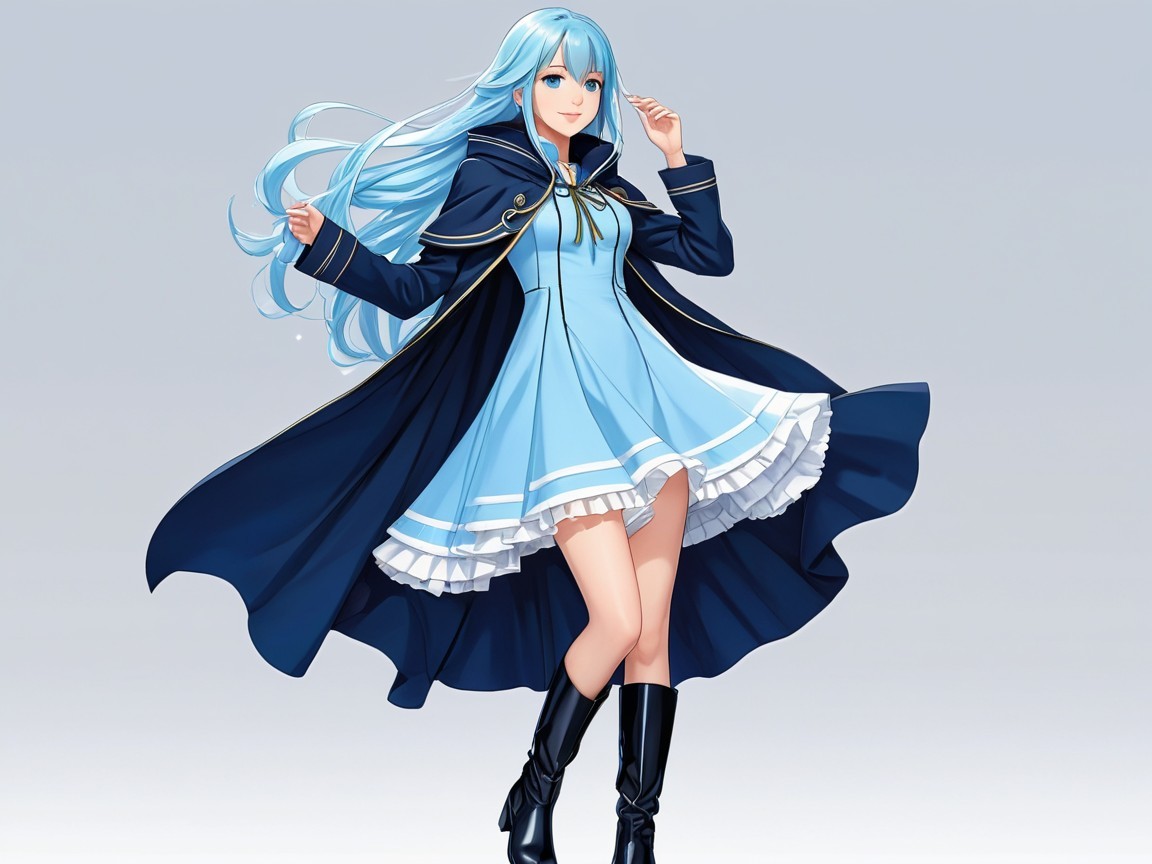 Young woman in light blue dress and dark cloak