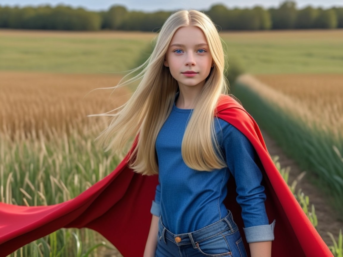 Young girl in blue shirt with red cape in field