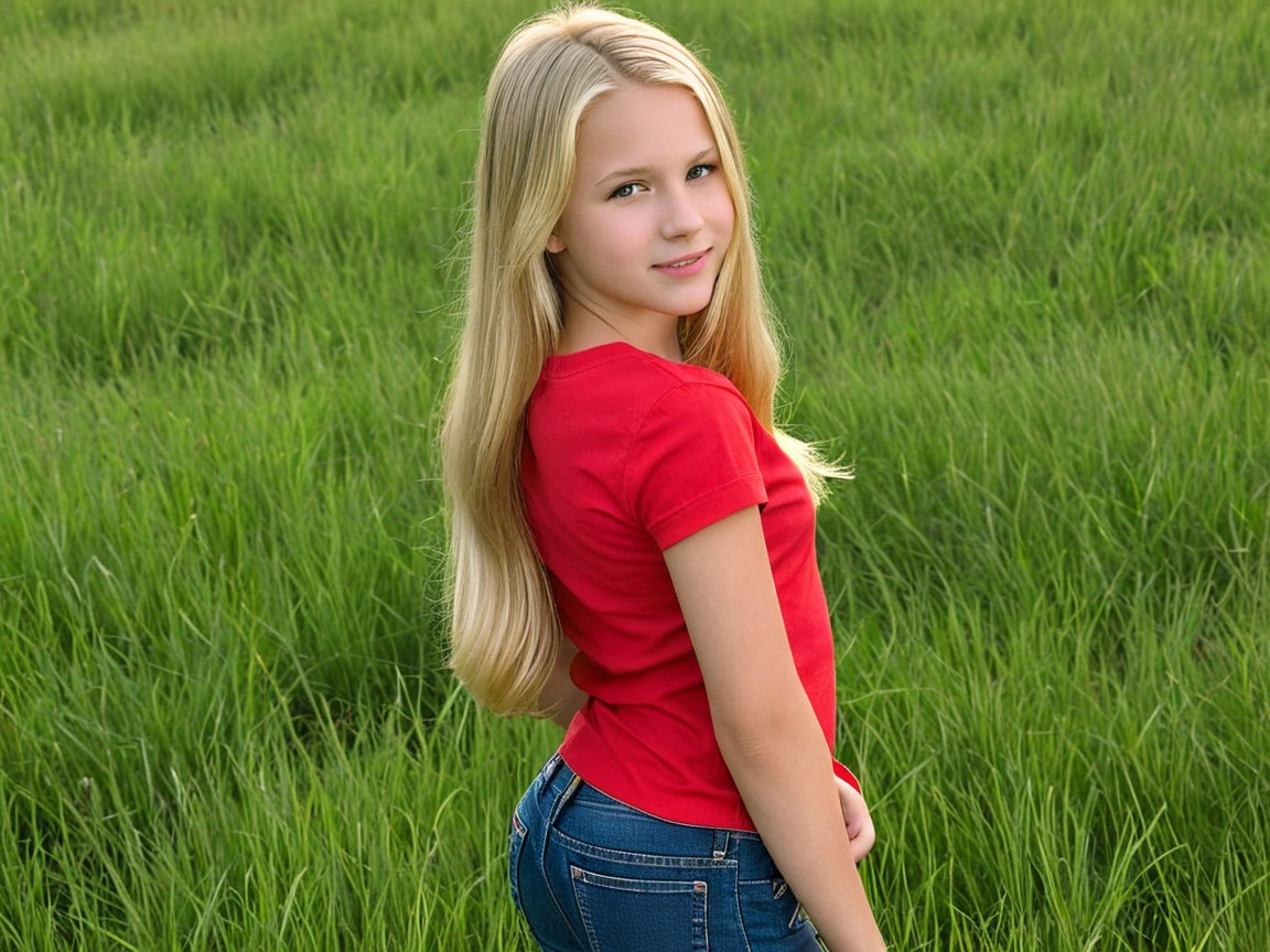 Young girl with long blonde hair in green grass setting