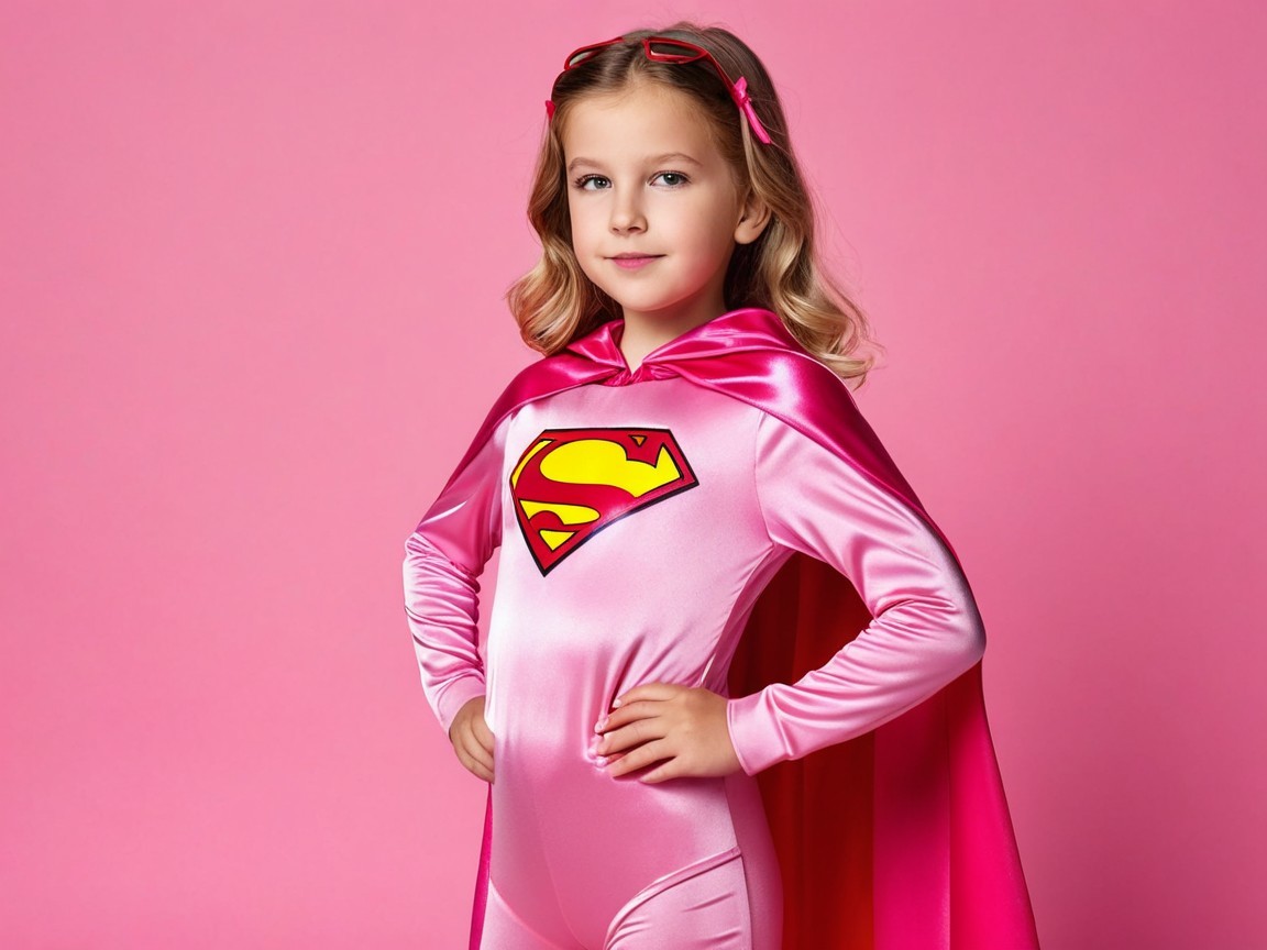 Young girl in pink superhero costume with cape
