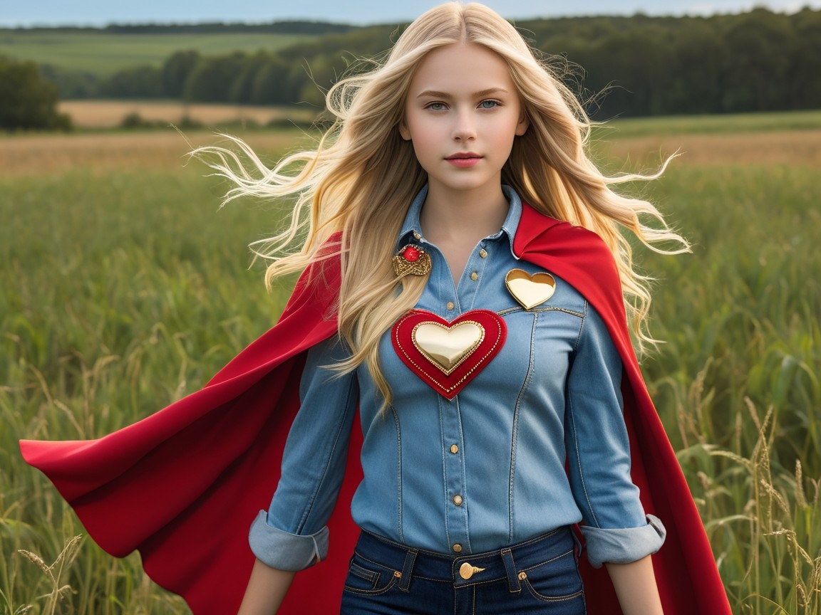Young girl in green field with red cape and denim shirt