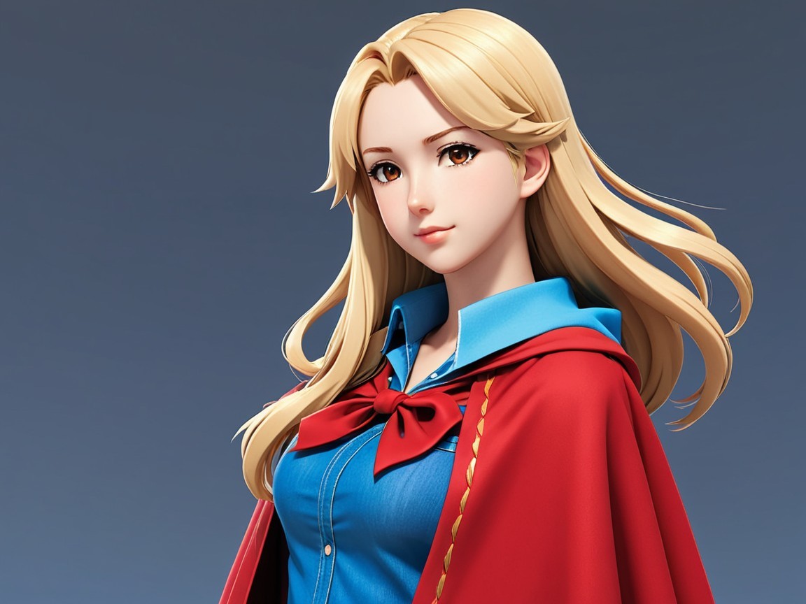 Stylized character with blonde hair and red cape