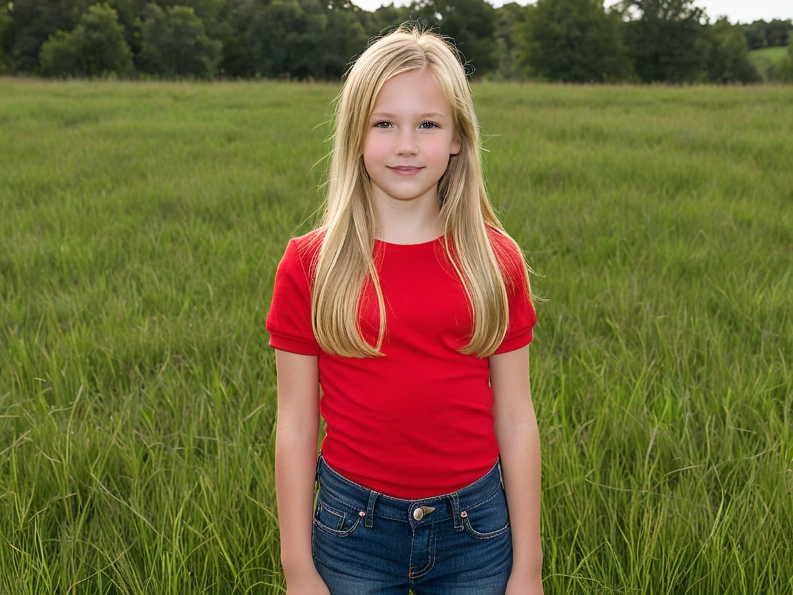Young girl in red top and blue jeans in green field