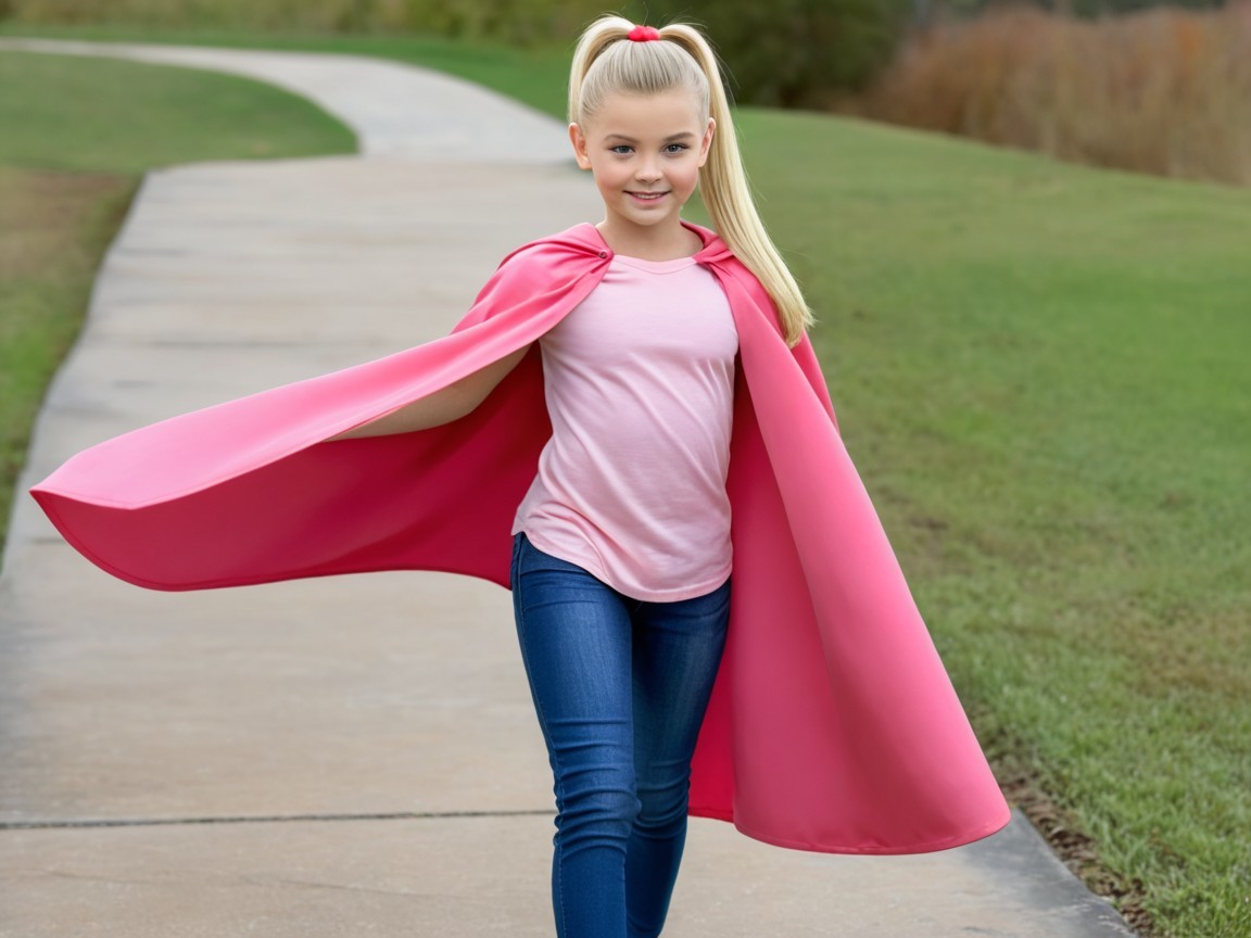Young girl in pink cape walking on a sunny pathway