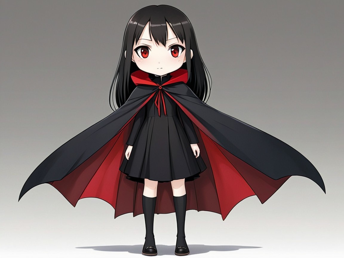 Chibi-Style Character in Black Dress and Cape