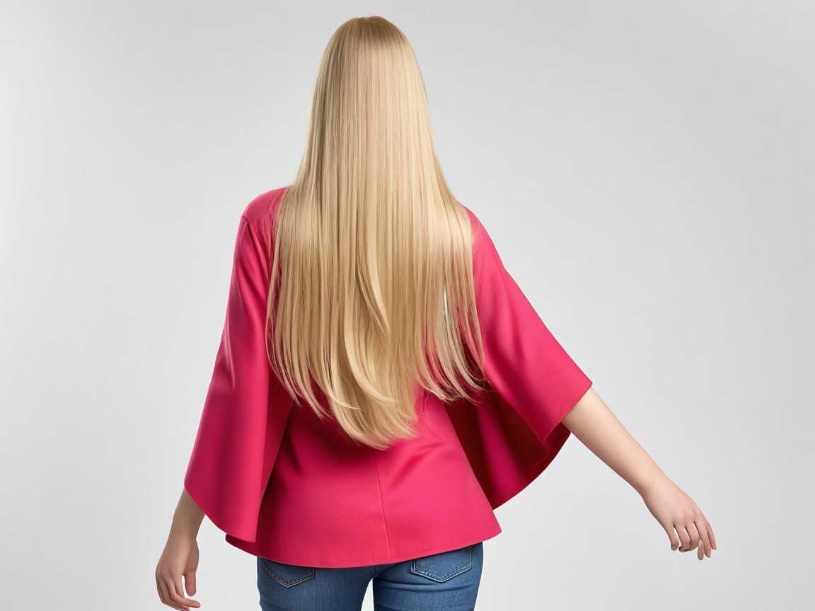 Young woman in pink top and blue jeans with blonde hair