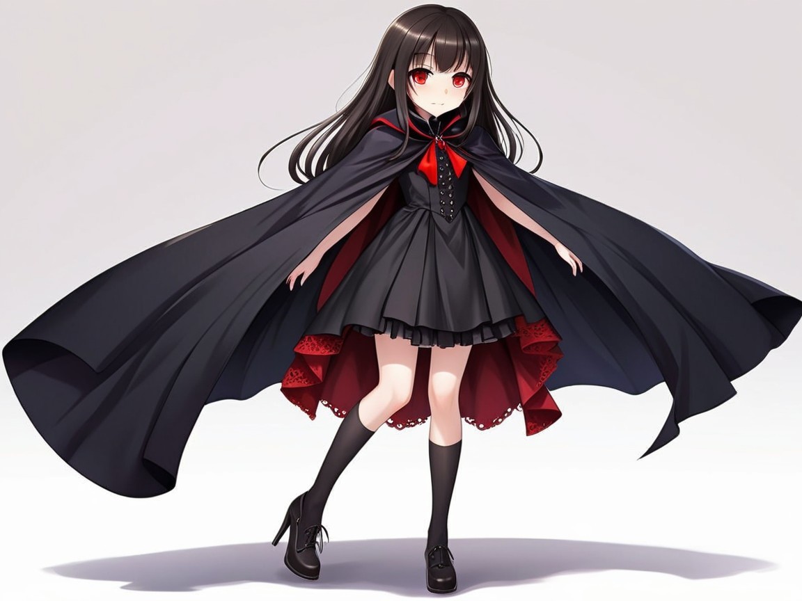 Stylish Young Girl in Black Dress and Flowing Cape