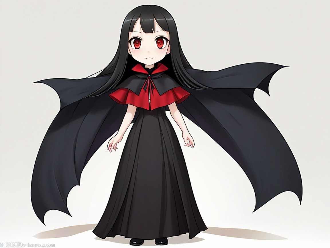 Young girl in black dress with red-collared cape