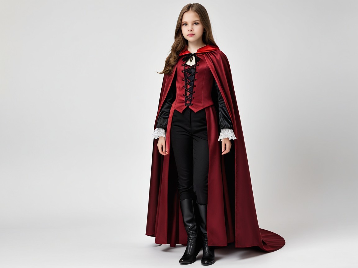 Young girl in striking red costume with dramatic cape