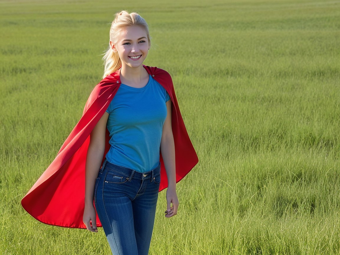 Confident Woman in Field with Red Cape and Jeans