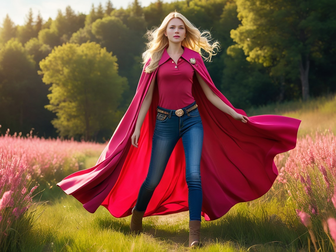 Blonde Woman in Pink Polo and Magenta Cape in Field