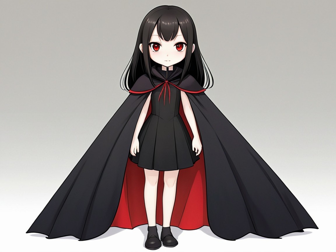 Young character in black dress with red-lined cape