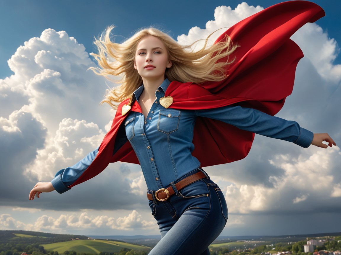 Confident Young Woman in Denim with Red Cape Outdoors