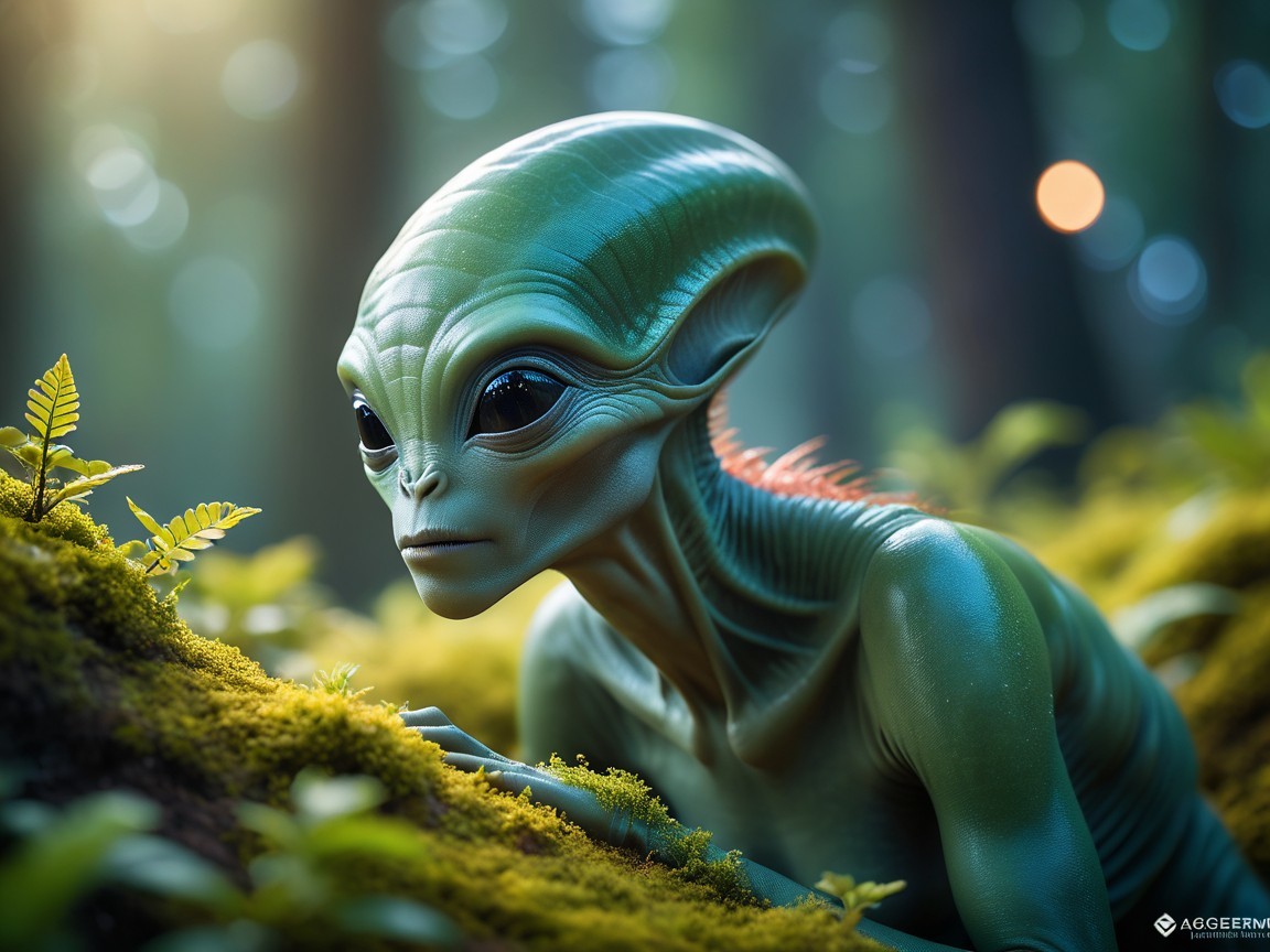 Detailed Close-Up of a Humanoid Alien Observing Plant