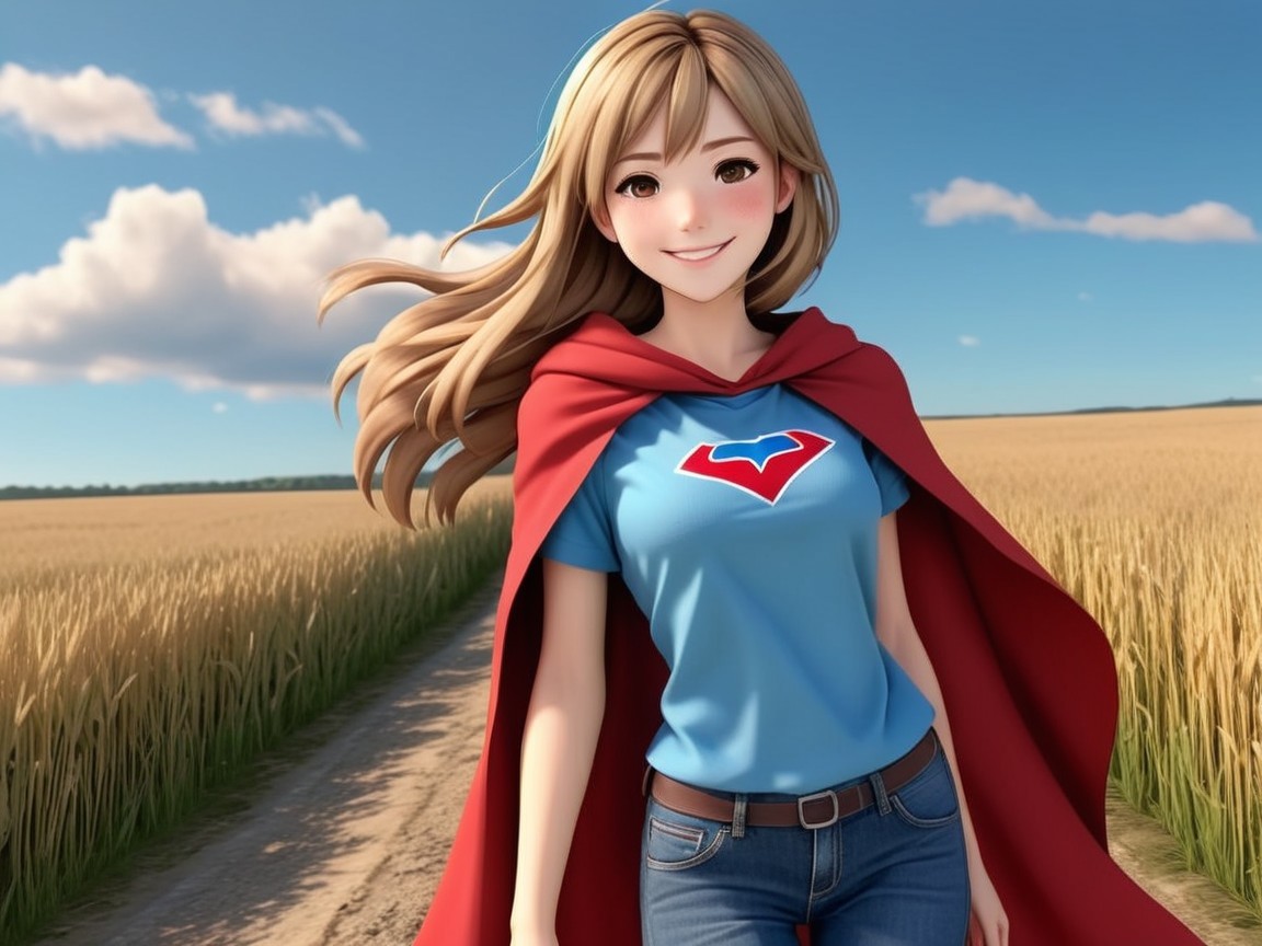 Cheerful young woman in blue t-shirt and red cape