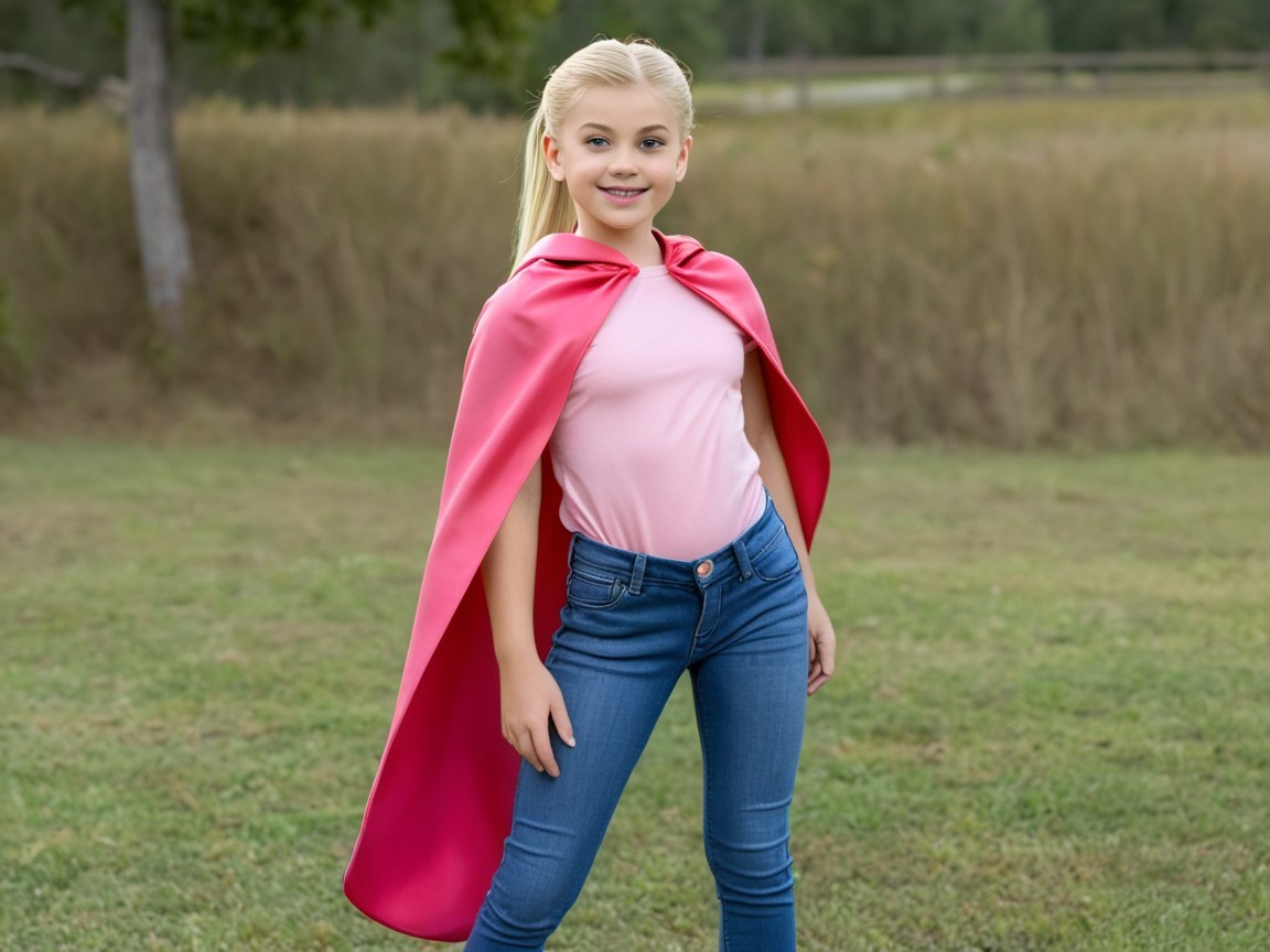 Young girl in grassy field with red cape and jeans