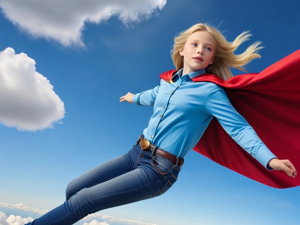 Young girl flying in blue sky with red cape and clouds