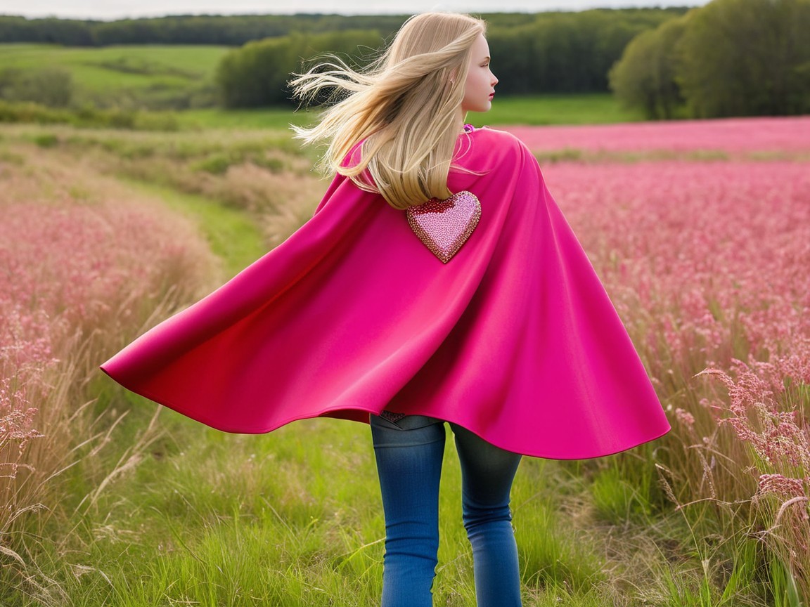 Young girl in pink field with flowing hair and cape