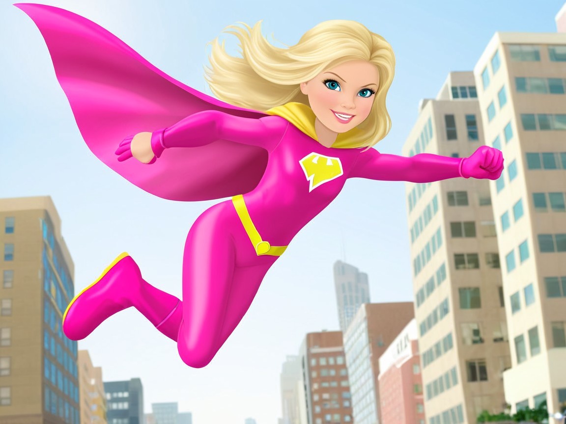 Vibrant Superheroine in Pink Suit Soaring Over City