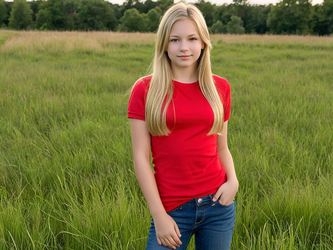 Young woman in red shirt and blue jeans in field