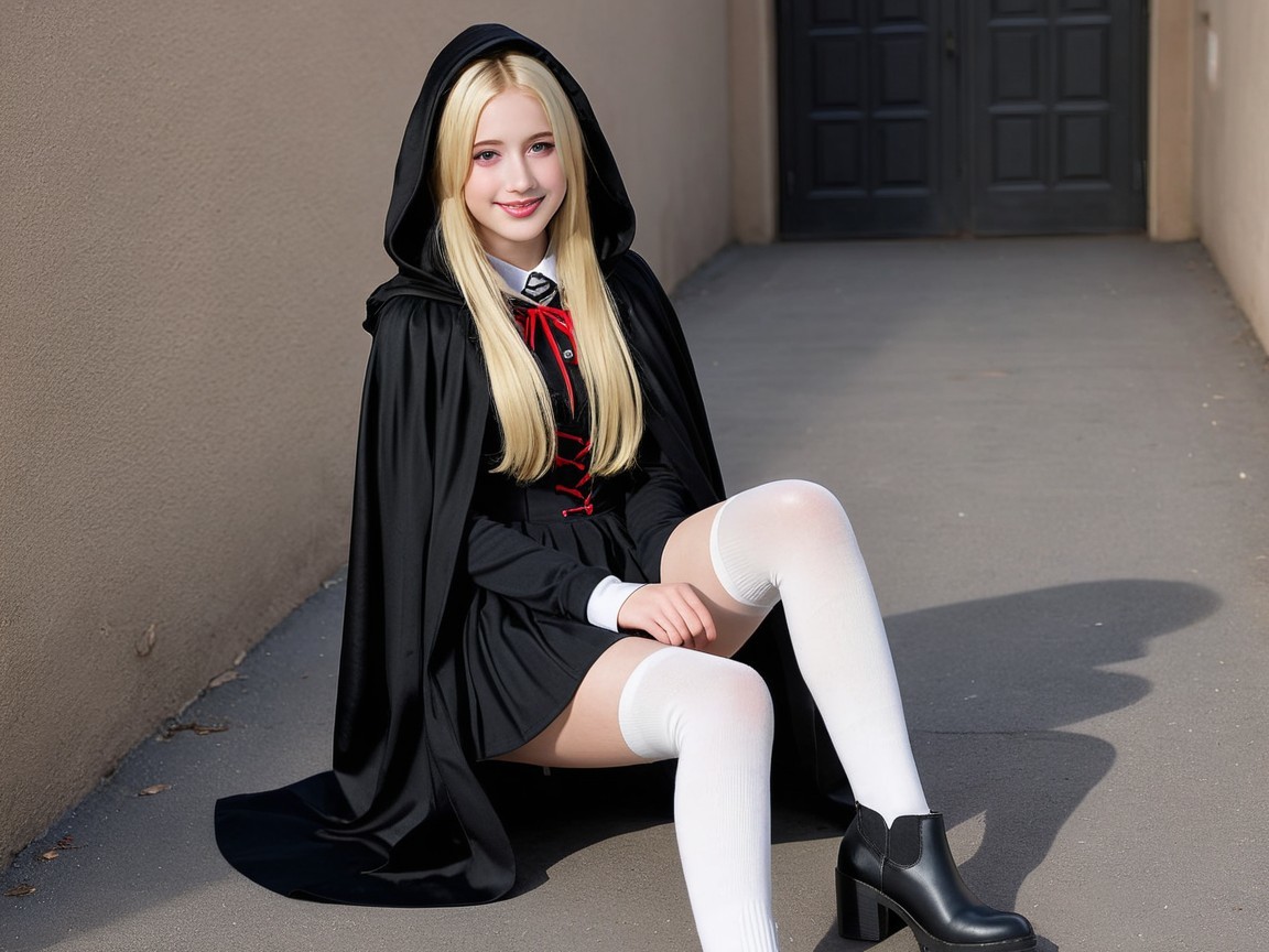 Young woman in black outfit on urban walkway