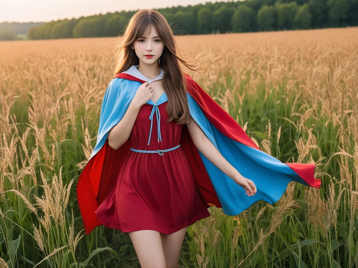 Young Woman in Red Dress in Wheat Field