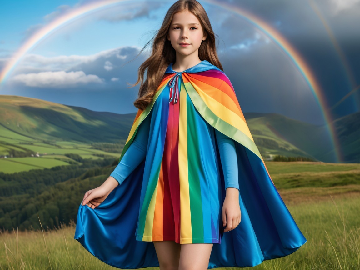 Young girl in rainbow cape in a lush landscape
