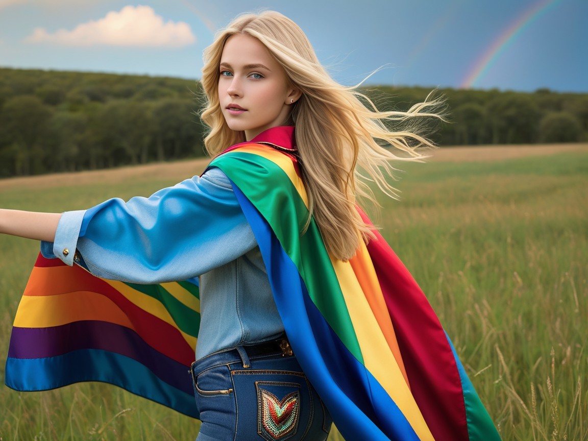 Young Woman in Field with Rainbow and Cape