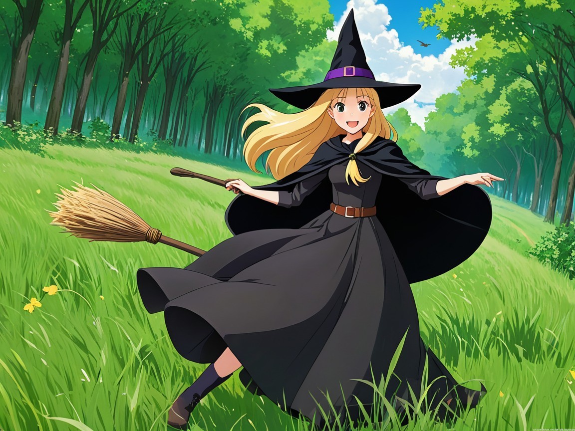 Young witch in black cloak twirls in green meadow