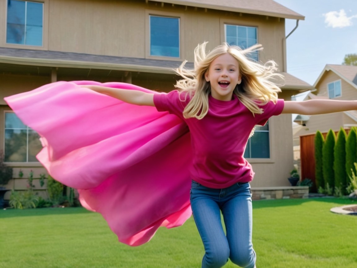 Joyful girl in pink cape twirling in green backyard