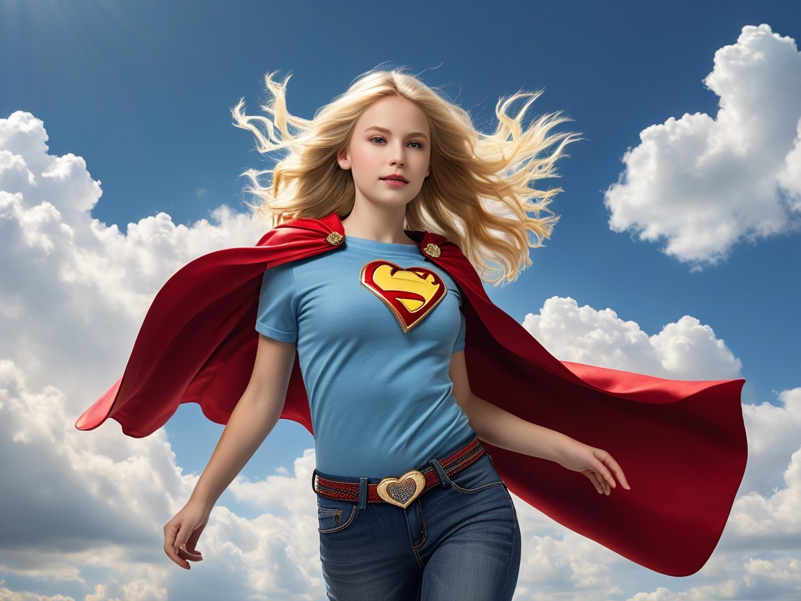 Young Woman in Superhero Outfit Against Blue Sky